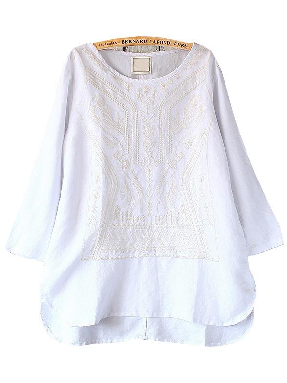 Romwe White Geometric Embroidery Dip Hem Blouse