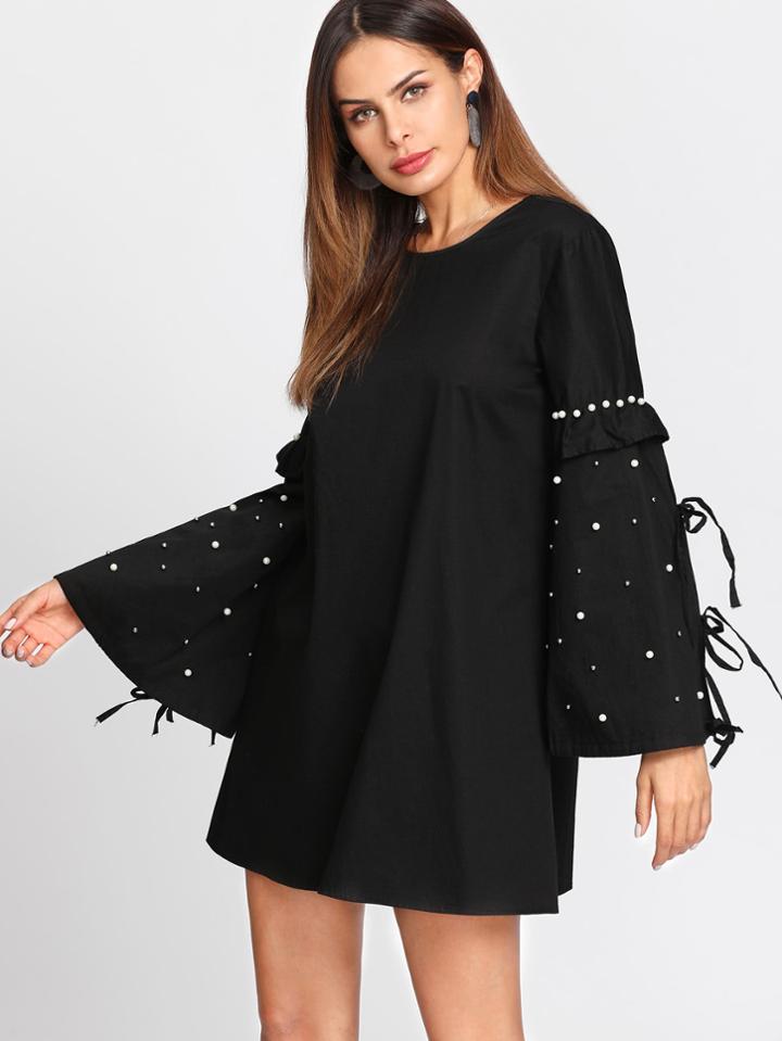Romwe Pearl Embellished Frill Bell Sleeve Dress