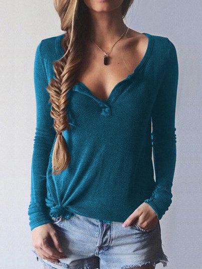 Romwe Blue Long Sleeve Loose Casual Knitwear