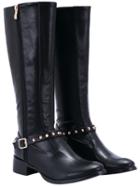 Romwe Black Zipper Studded Buckle Strap Tall Boots