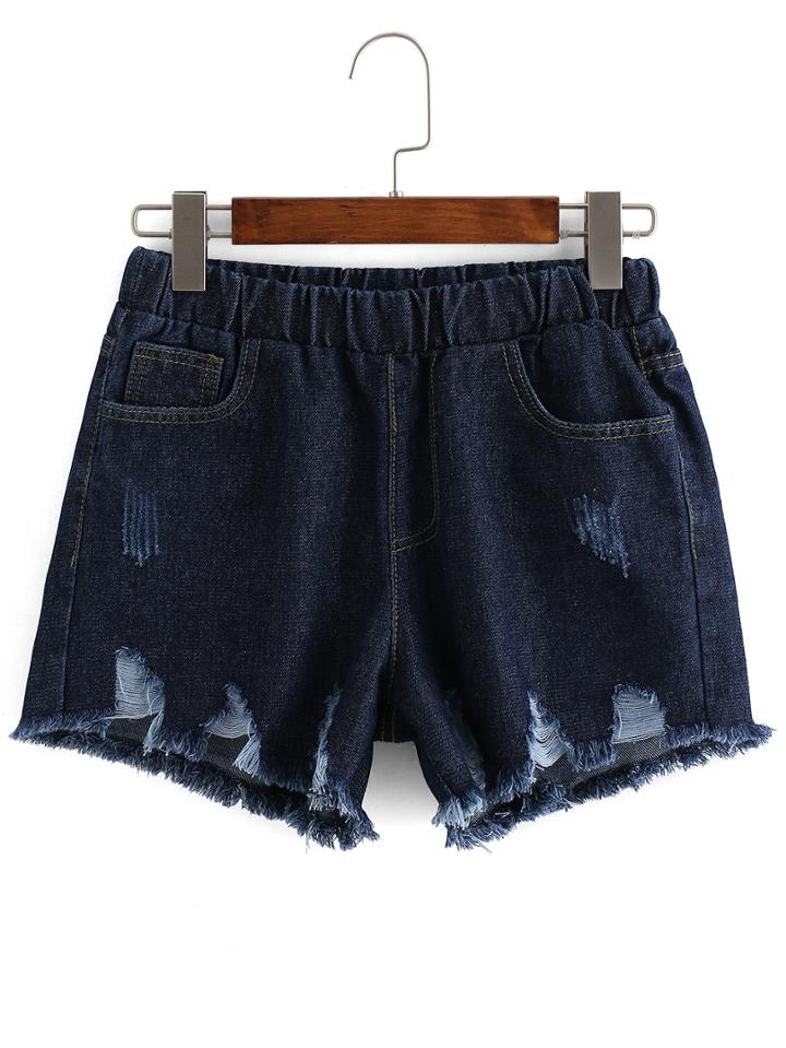 Romwe Elastic Waist Frayed Ripped Denim Blue Shorts