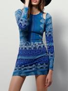 Romwe Blue Long Sleeve Vintage Print Bodycon Dress
