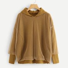 Romwe Mesh Overlay Hooded Sweater