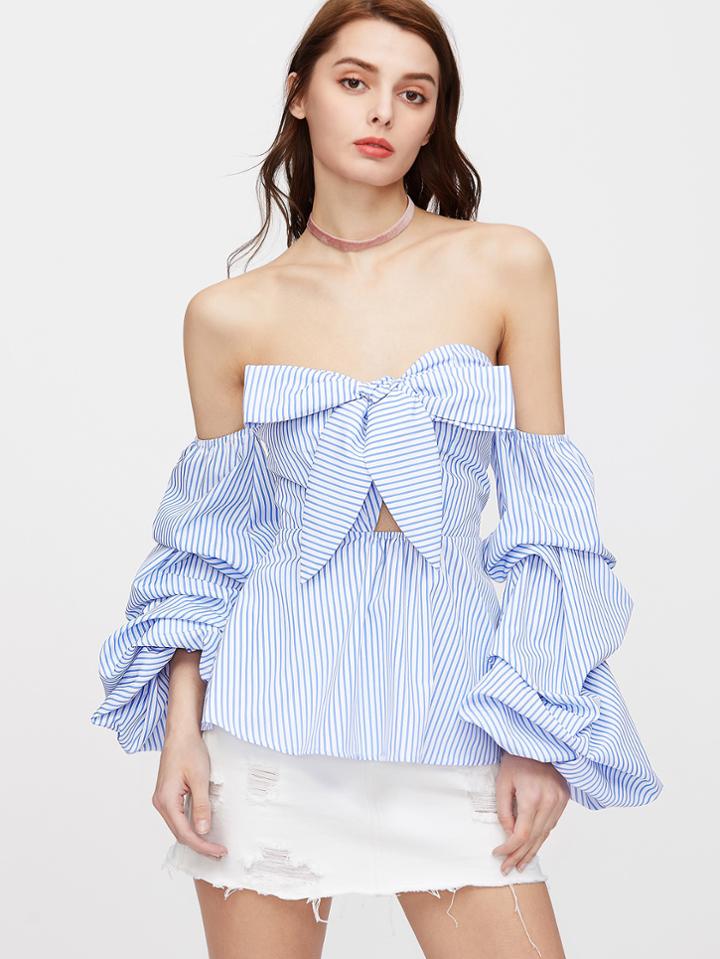 Romwe Bow Sweetheart Ruched Sleeve Striped Peplum Top