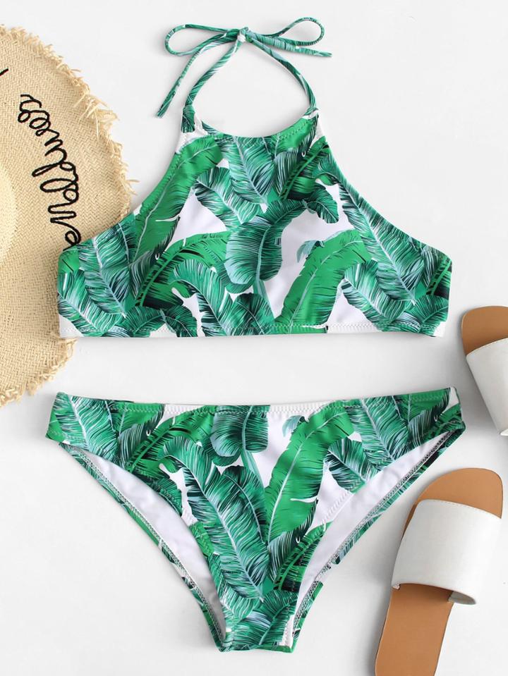 Romwe Palm Leaf Print Halter Neck Bikini Set