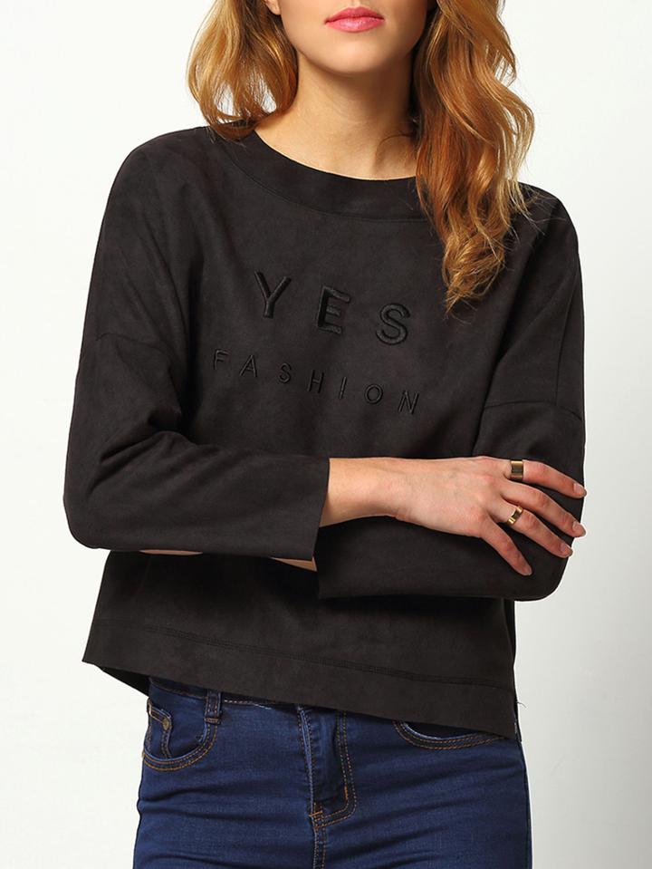 Romwe Dropped Shoulder Seam Letter Embroidered Split Suede Sweatshirt
