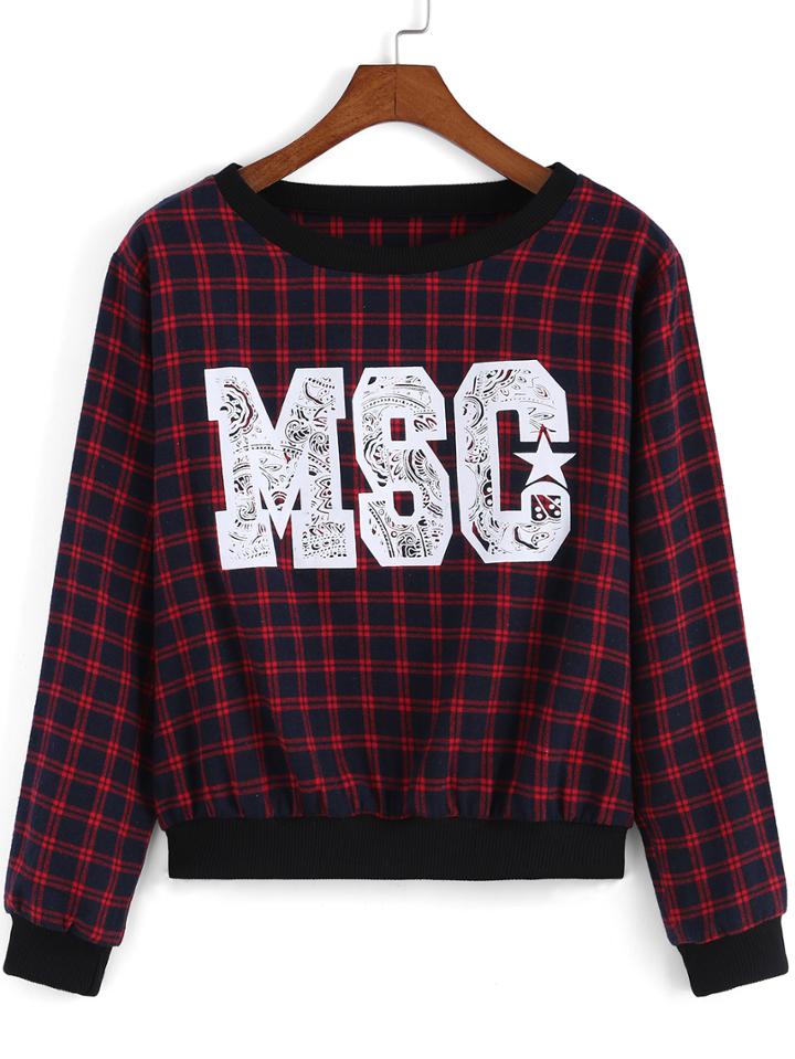 Romwe Letter Print Plaid Red Sweatshirt