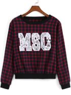 Romwe Letter Print Plaid Red Sweatshirt