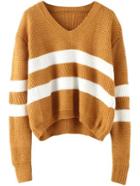 Romwe V Neck Striped Khaki Sweater