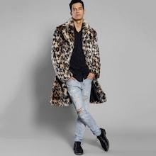 Romwe Men Faux Fur Cheetah Print Open Front Longline Coat