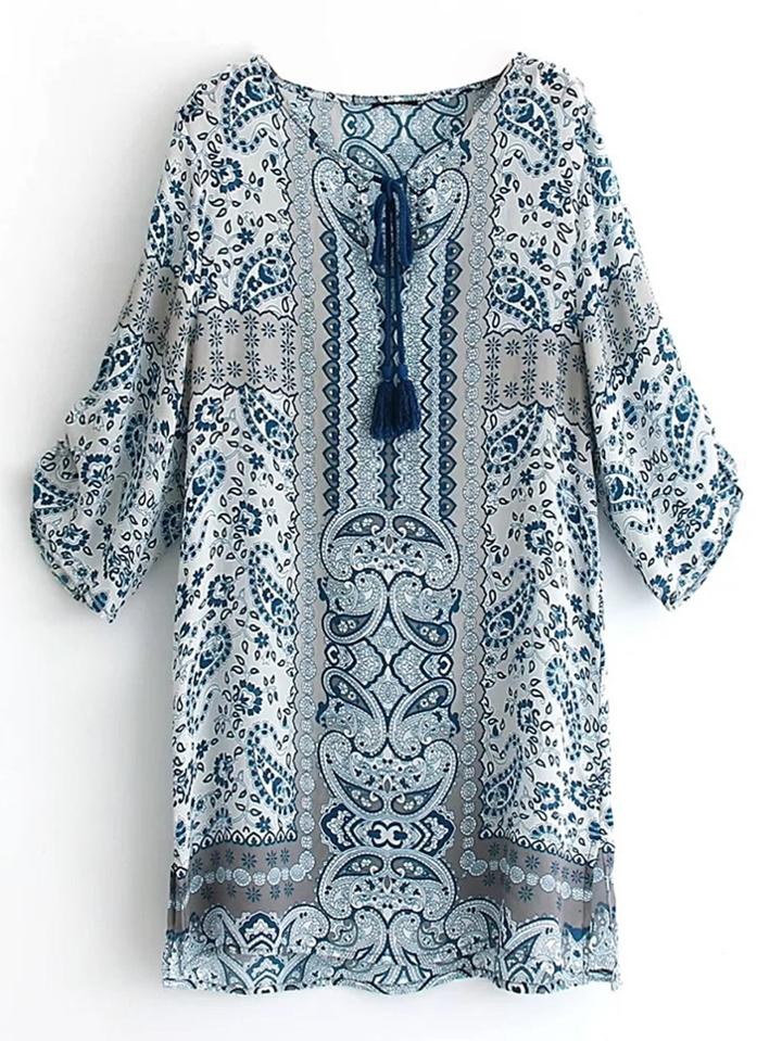 Romwe Paisley Print Tassel Tie Shift Dress