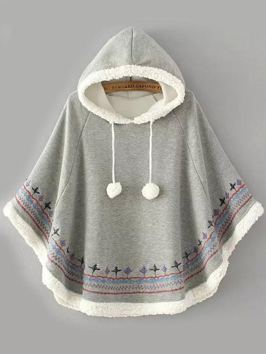 Romwe Hooded Embroidered Embellished Grey Cape Coat