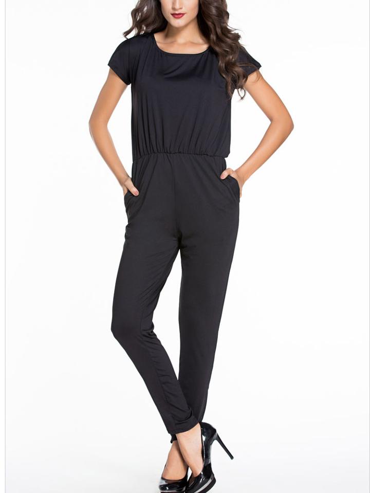 Romwe Black Slit Tie Back Elastic Waist Jumpsuit