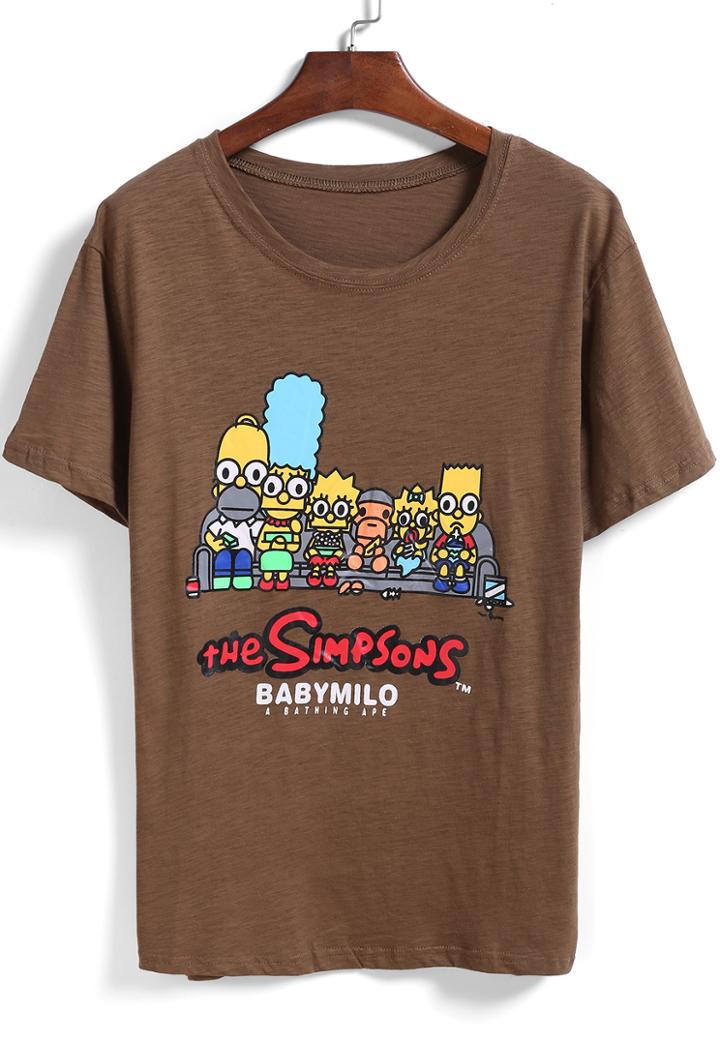 Romwe Khaki Short Sleeve Simpson Print T-shirt