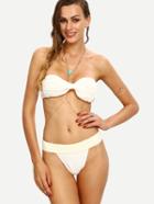 Romwe White Ruched Embossed Bandeau Bikini Set