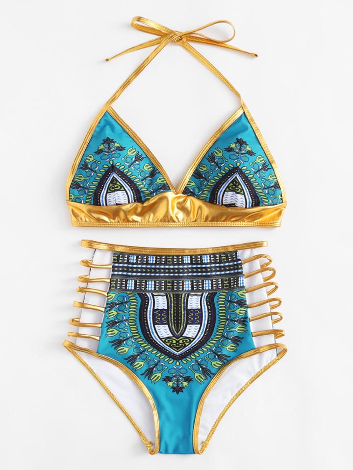 Romwe Ladder Cut Out Contrast Piping Bikini Set