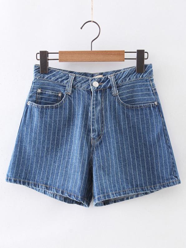 Romwe Blue Stripe Pockets Zipper Denim Shorts