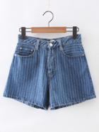 Romwe Blue Stripe Pockets Zipper Denim Shorts