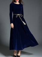Romwe Navy Tie-waist Velvet Maxi Dress