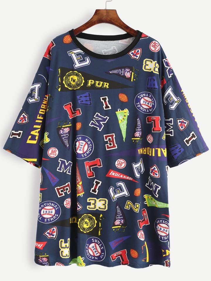 Romwe Navy Contrast Collar Varsity Patch Print Tee Dress