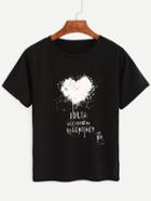 Romwe Black Heart Speckled Print T-shirt