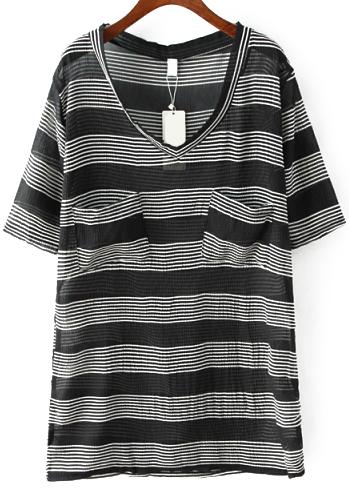 Romwe V Neck With Pocket Striped Black Dress