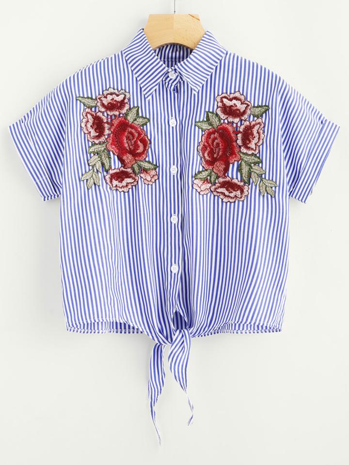 Romwe Rose Embroidered Patch Striped Tie Front Shirt