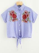 Romwe Rose Embroidered Patch Striped Tie Front Shirt