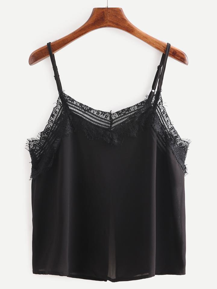 Romwe Buttoned Front Lace Trimmed Cami Top - Black