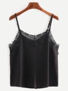 Romwe Buttoned Front Lace Trimmed Cami Top - Black