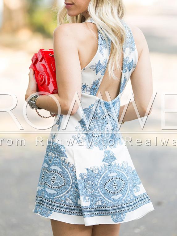 Romwe Beige Aztec Print Cut Out Back Dress