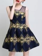 Romwe Sleeveless Mesh Insert Vintage Print Blue Dress