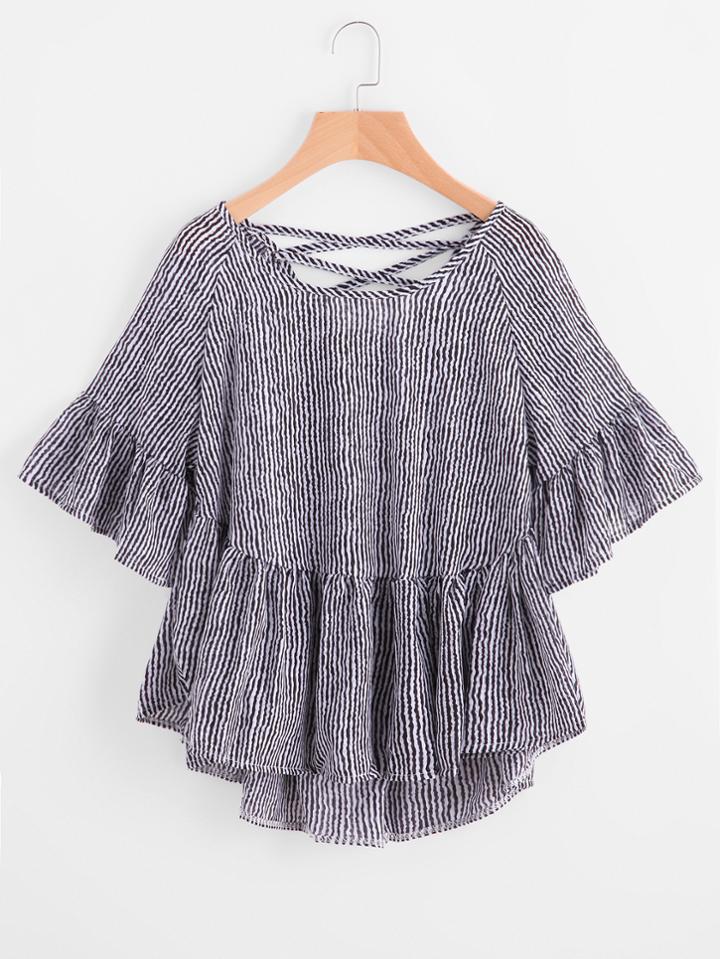 Romwe Fluted Sleeve Pinstriped Cross Back Tiered Frill Blouse