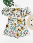 Romwe Floral Off The Shoulder Ruffle Romper