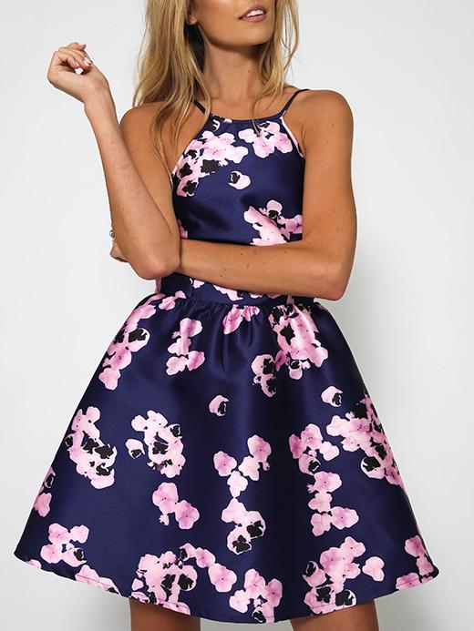 Romwe Spaghetti Strap Backless Florals Flare Dress