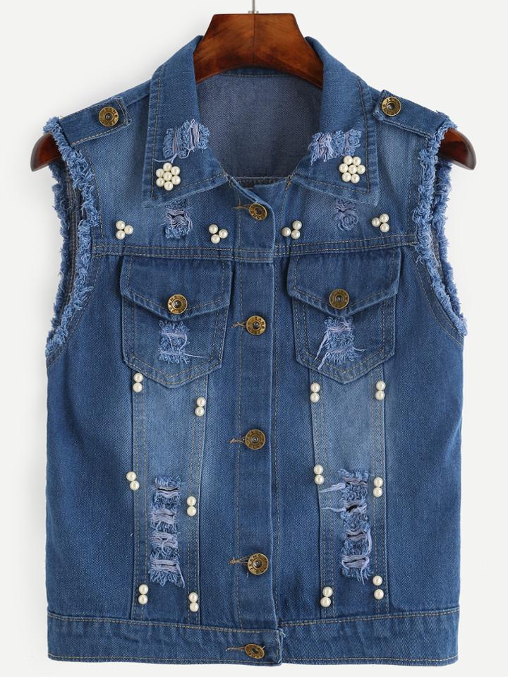 Romwe Blue Frayed Pearl Beaded Denim Vest