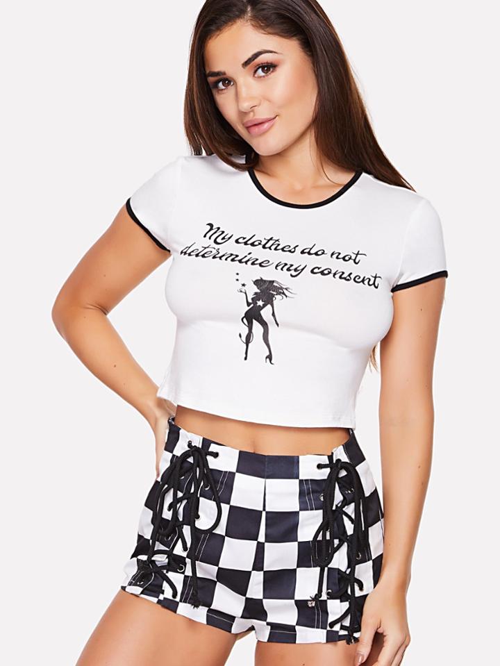 Romwe Letter Print Crop Ringer Tee