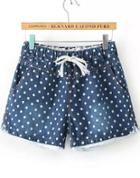 Romwe Blue Drawstring Polka Dot Contrast Lace Denim Shorts