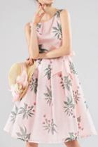 Romwe With Bow Flower Print Organza Flare Pink Dress