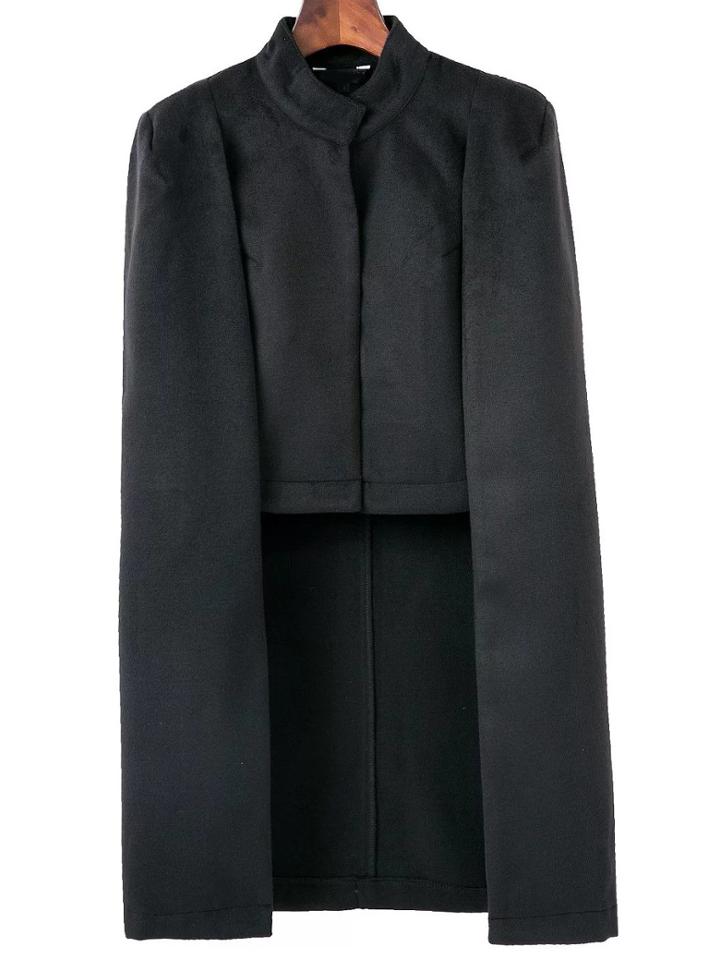 Romwe Black Stand Collar Cape Coat