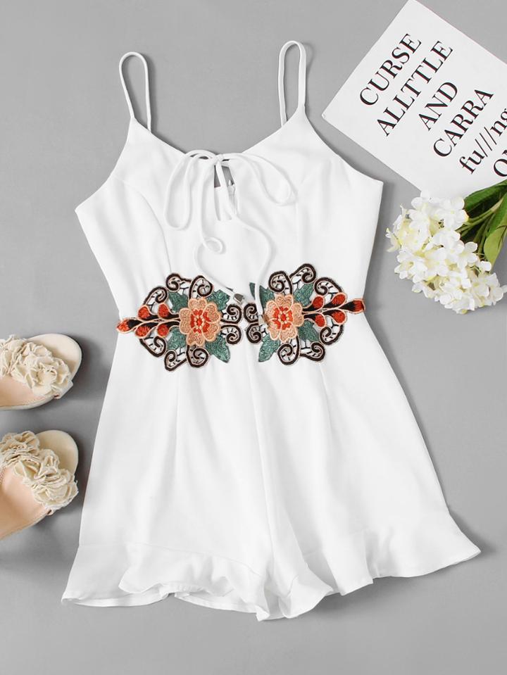 Romwe Embroidered Floral Applique Tie Neck Frill Hem Romper