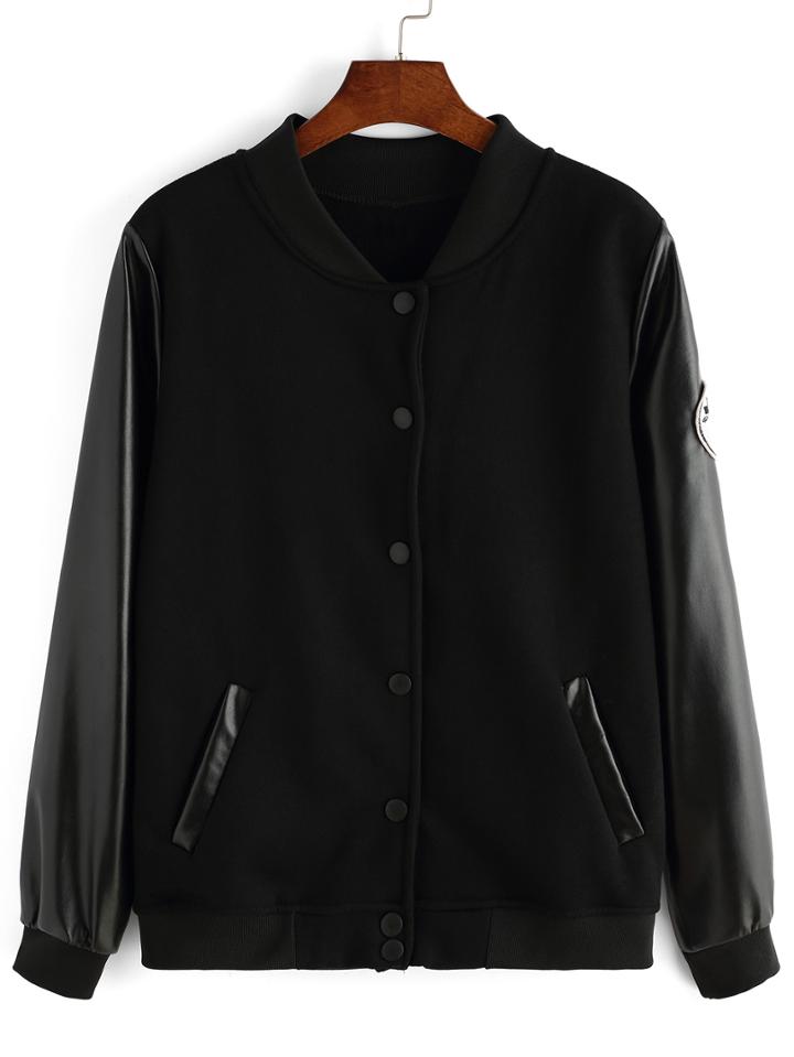 Romwe Contrast Pu Buttons Patch Black Jacket