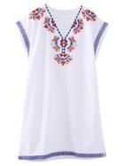 Romwe White V Neck Sleeveless Embroidery Dress