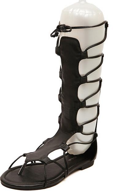 Romwe Black Lace Up Tall Flip Flat Sandals