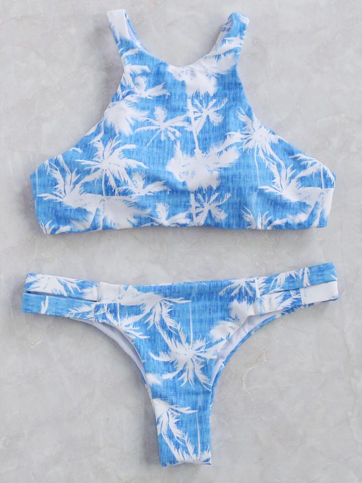 Romwe Blue Printed Cutout Bikini Set