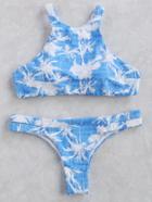 Romwe Blue Printed Cutout Bikini Set