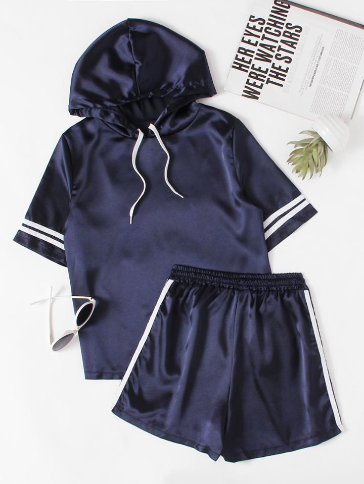 Romwe Satin Varsity Striped Hooded Top With Shorts