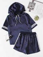 Romwe Satin Varsity Striped Hooded Top With Shorts