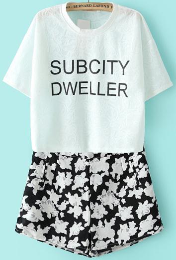 Romwe Letter Print Top With Zipper Floral Short