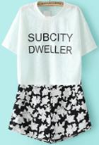 Romwe Letter Print Top With Zipper Floral Short